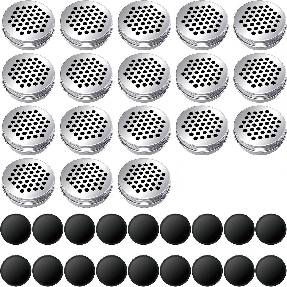 Aluminum scent canisters and magnets laid out for a dog nosework session