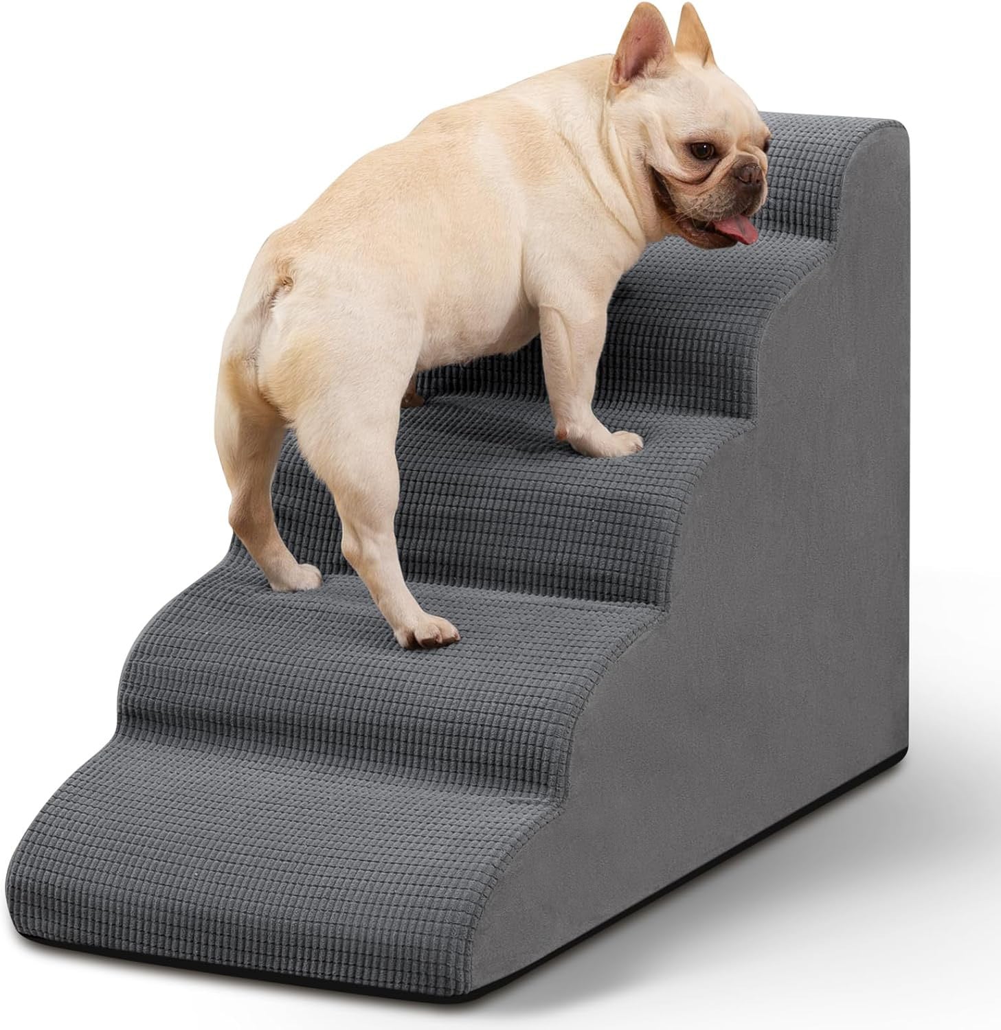 Foam pet steps with a firm core and ribbed cover, wide treads and a non slip base on a hard floor