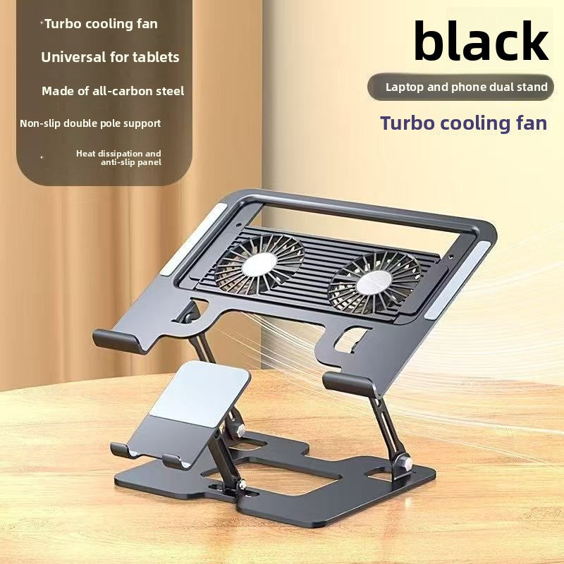 Black laptop stand with two round fans in a slatted plate and a fold-out phone holder, Black Fan option