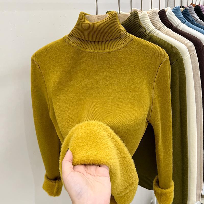 Yellow high collar fleece lined knit sweater, size M option, shown on a hanger