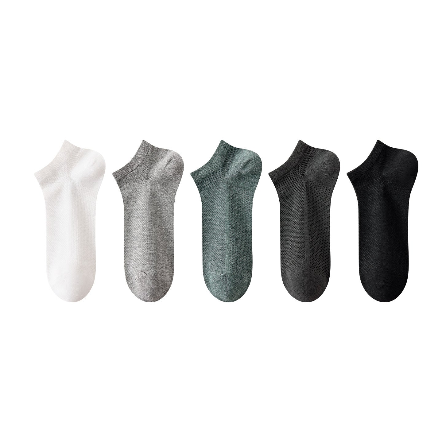 Five low cut bamboo blend ankle socks in white, grey, sage green, dark grey and black on white
