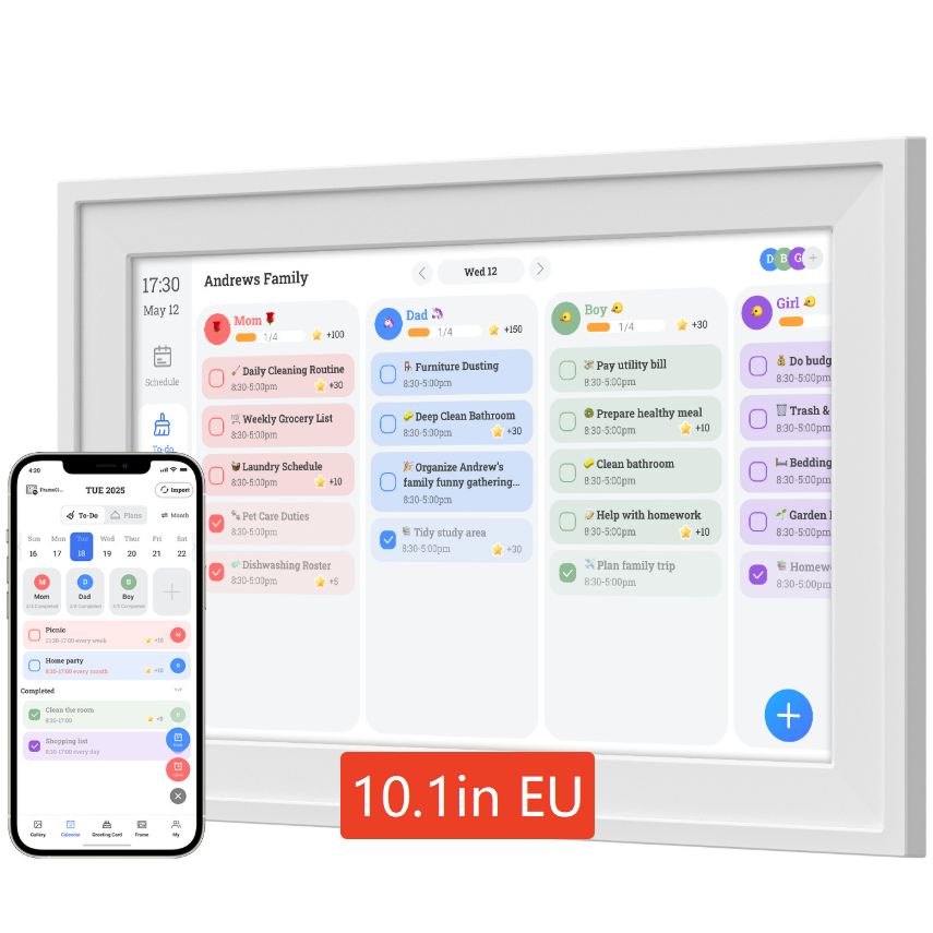 White framed touchscreen calendar paired with a companion phone app for adding events