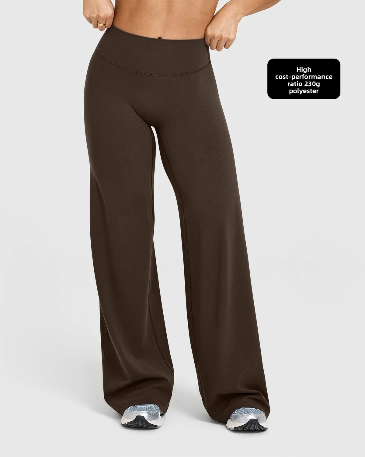 Womens high waisted wide leg stretch pants shown on a model