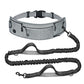 Gray padded dog walking waist belt with a reflective bungee traction leash and clasp
