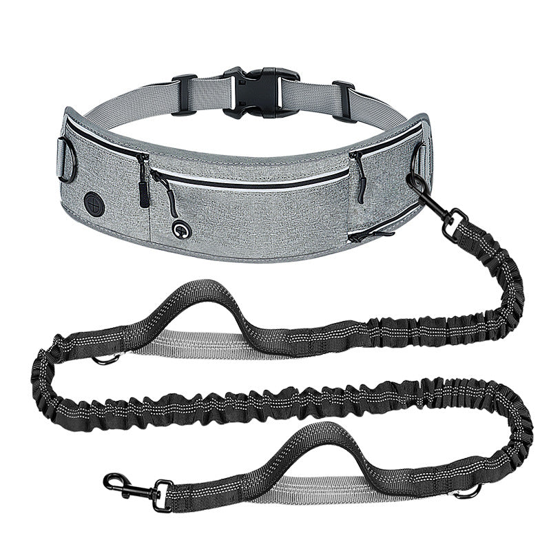 Gray padded dog walking waist belt with a reflective bungee traction leash and clasp