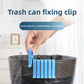 Hand snapping a blue clip onto a trash can rim to hold the bag