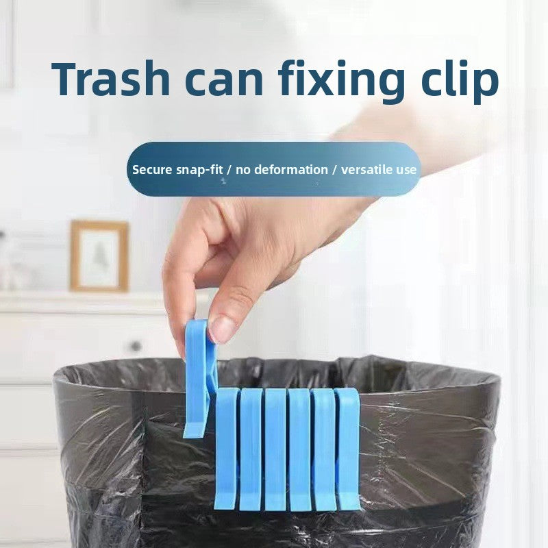 Hand snapping a blue clip onto a trash can rim to hold the bag