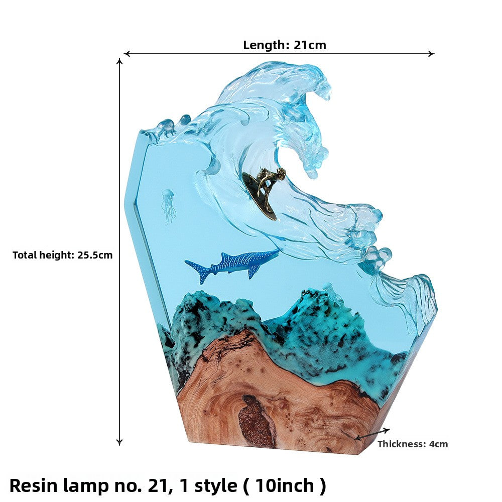 Ocean wave resin lamp size panel showing 10 inch height 25.5 cm on wood base