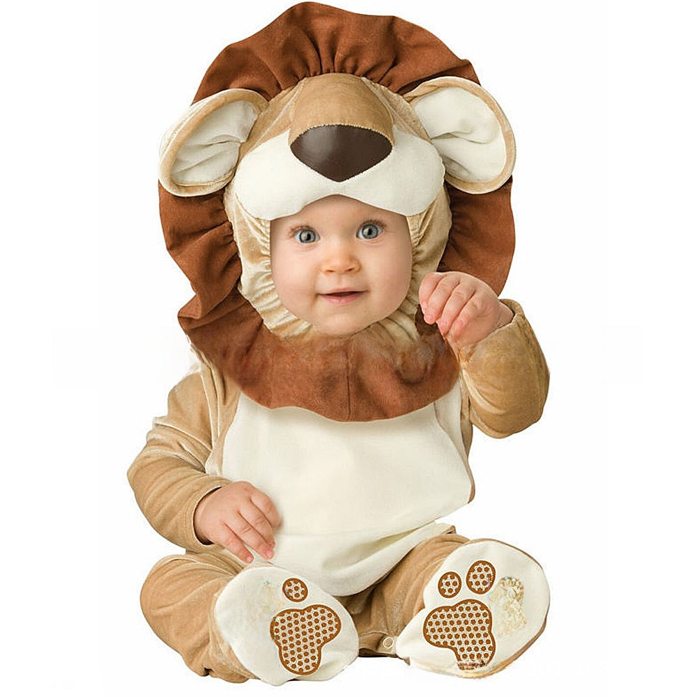 Baby in a tan lion costume with a brown mane hood and paw pads, Lion with Brown Mane option, 95cm size