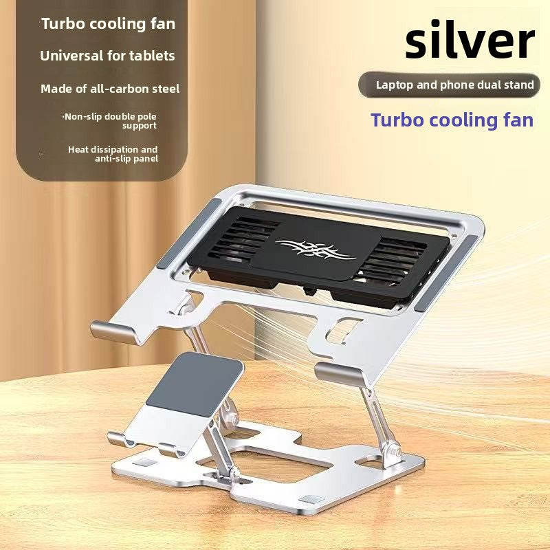 Silver laptop stand with a vented black semiconductor cooling module and a fold-out phone holder