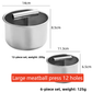 Stainless steel meatball maker with T handle shown with shaped meatballs ready to cook
