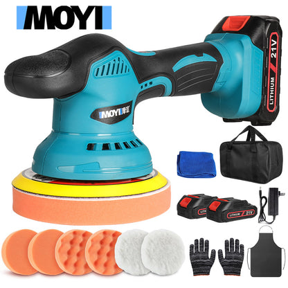 MOYI teal cordless eccentric polishing machine with 21V battery, pads, bag, gloves, apron and cloth