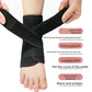 Hands pulling the long crossing strap around a black ankle wrap on a bare foot