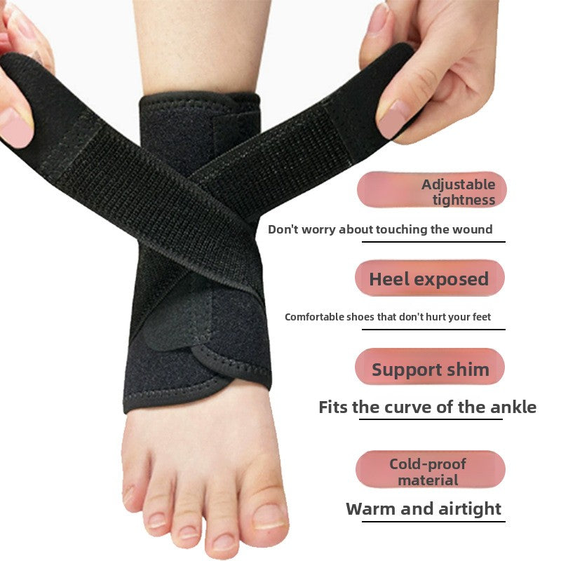 Hands pulling the long crossing strap around a black ankle wrap on a bare foot