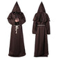 Coffee brown hooded monk robe with shoulder cape, front and back views, size L