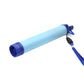 Blue filter straw lying flat, inlet cap unscrewed to show the ported base and the wrist lanyard