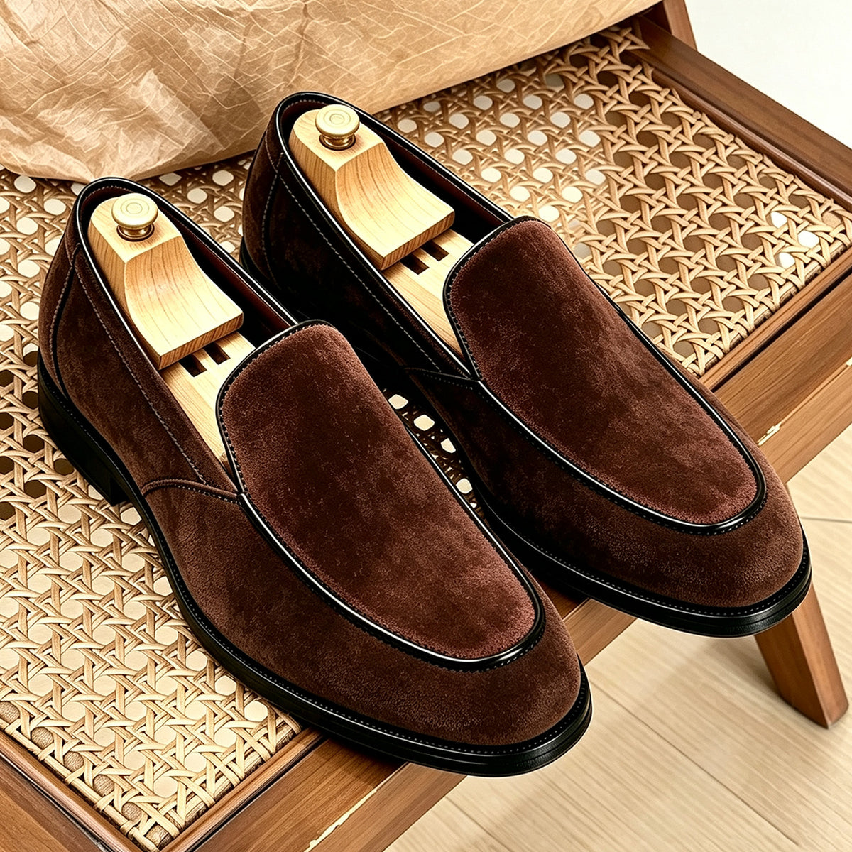 Coffee brown vegan suede slip-on loafers with black piping and a round toe, shoe trees inside, on a bench, size 47 option