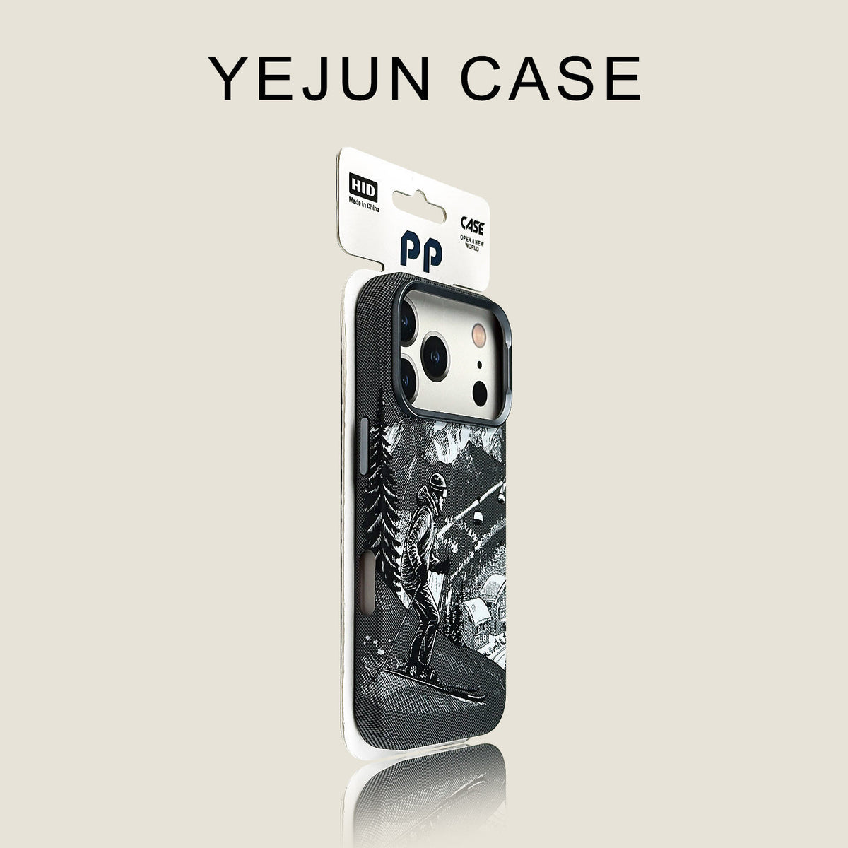 Magnetic iPhone case shown at an angle with the raised camera bezel and printed art back