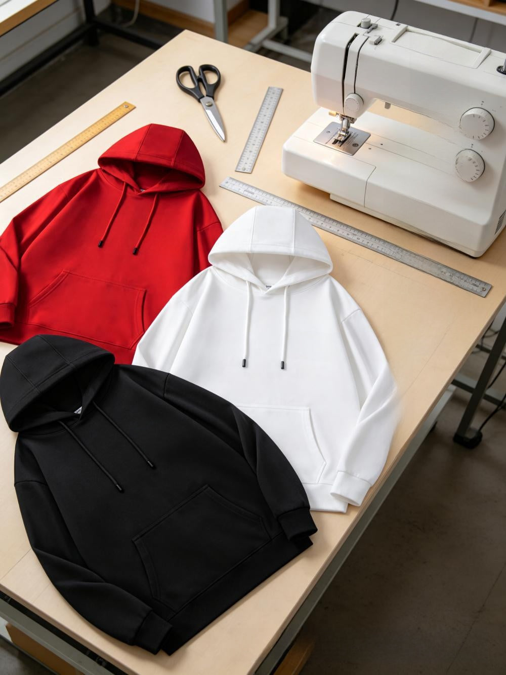 Red, white and black pullover hoodies laid out on a sewing worktable beside scissors and a sewing machine