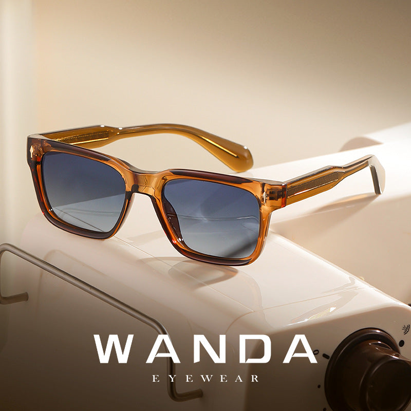 Retro square polarized sunglasses with translucent brown frame and blue tinted lenses
