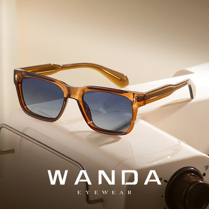 Retro square polarized sunglasses with translucent brown frame and blue tinted lenses