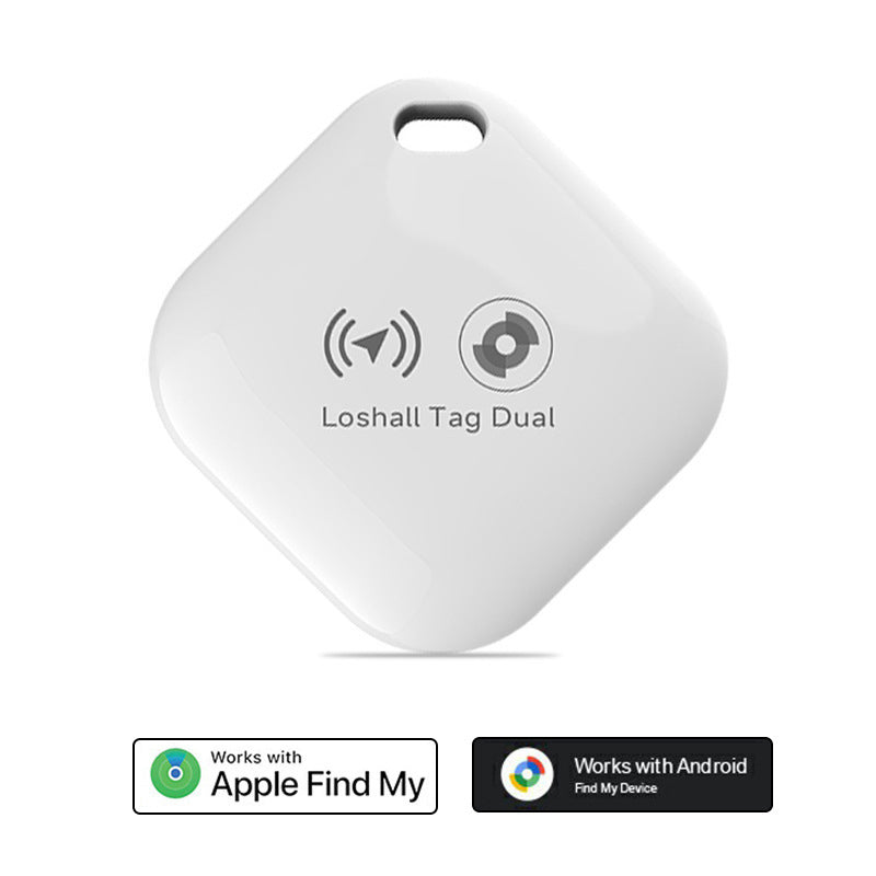 Diamond shaped white F02 tracker with the Loshall Tag Dual mark and wireless icons, Find My badges