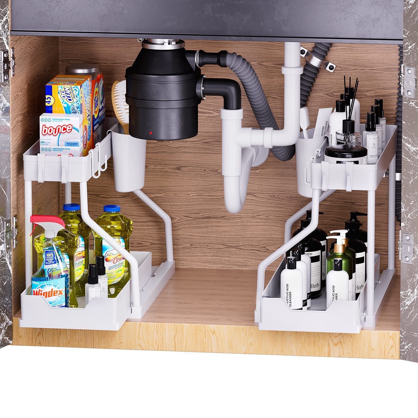 Close up of the pull out drawer runner on the two tier storage rack
