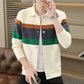 Beige and white color block striped men's knit button cardigan with a point collar and buttons