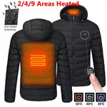 Black USB heated hooded zip jacket showing the back heating zone and one touch controller
