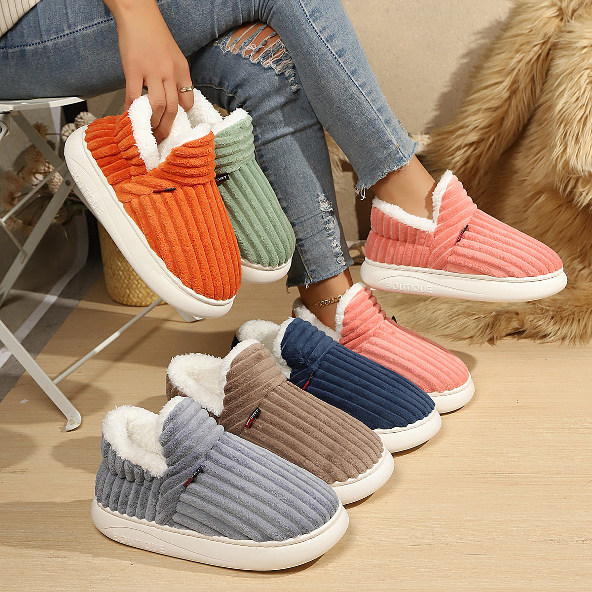 Cozy slip on winter slipper with soft suede look upper and fluffy faux fur trim