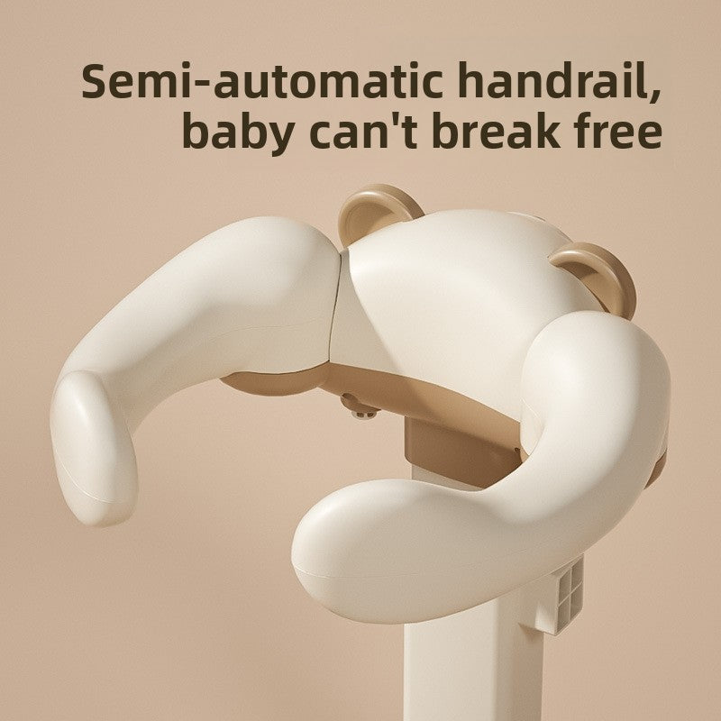 Close view of the bear armrest, seat ring and clip-on shower on the bath support