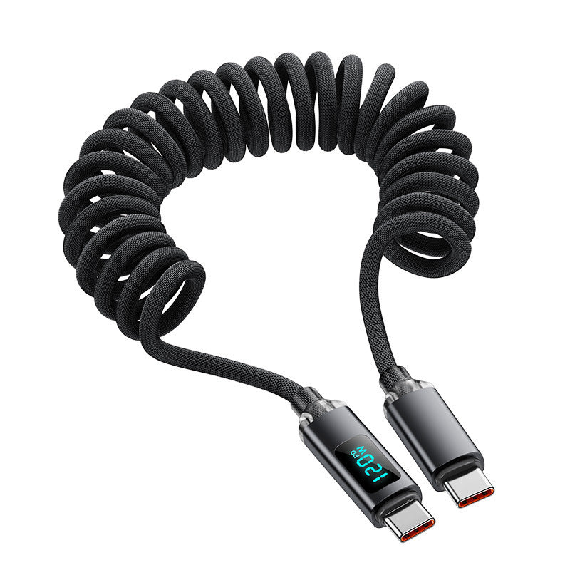 Black coiled braided USB-C to USB-C cable with the digital watt display on one connector