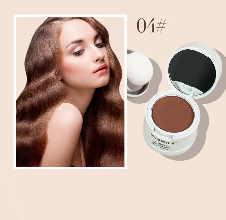 Shade 04 brown hairline shadow powder open with its puff beside a model with a full looking hairline