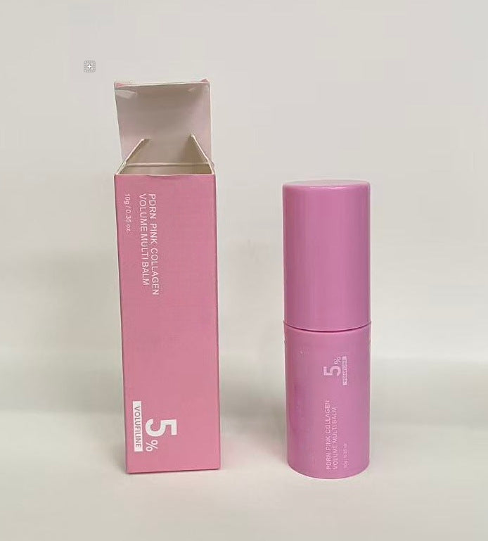 Pink collagen balm skincare product, showing the closed pink stick and the eye patch jar together