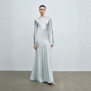 Light mint satin long sleeve boat neck evening gown shown from the front
