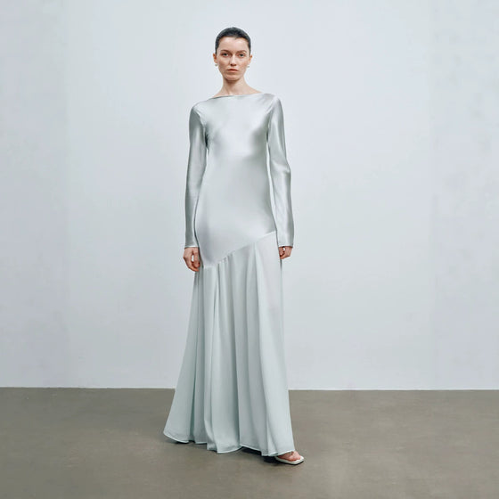 Long Sleeve Boat Neck Satin Evening Gown