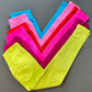 Stacked flat lay of six colourways folded into a V, ankle length legs visible