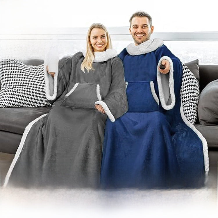 Couple on a sofa in gray and navy sleeved blankets with sherpa collars and kangaroo pockets