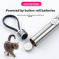 Cat laser pen with its battery cap unscrewed beside a button cell battery and a gray cat on a light background