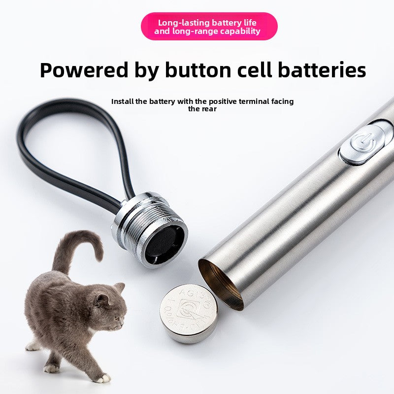 Cat laser pen with its battery cap unscrewed beside a button cell battery and a gray cat on a light background