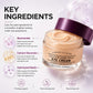 Open eye cream jar with peach cream beside a key ingredients graphic and three small icons on a lilac background