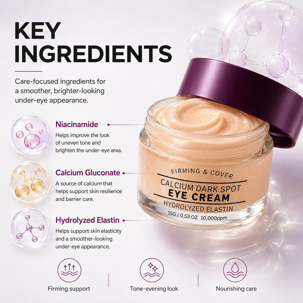Open eye cream jar with peach cream beside a key ingredients graphic and three small icons on a lilac background