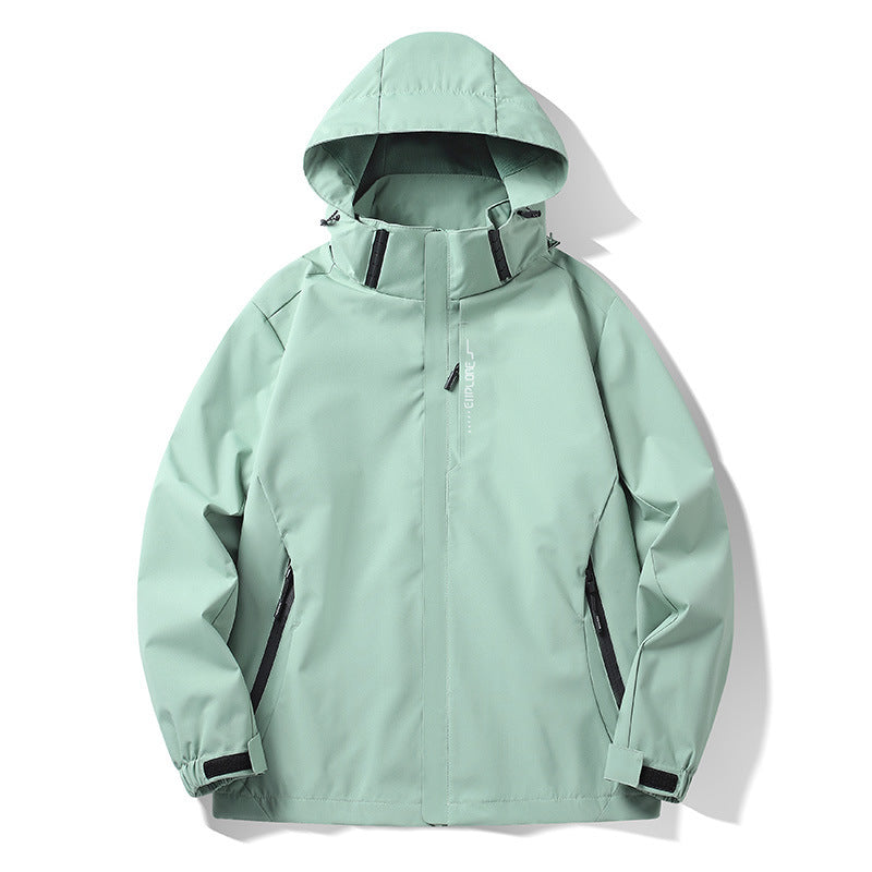 Charcoal gray mens hooded shell jacket front view