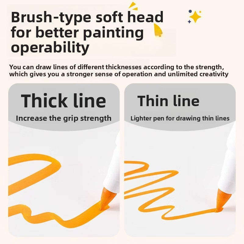 Orange brush marker drawing a thick line and a thin line to show soft tip pressure control