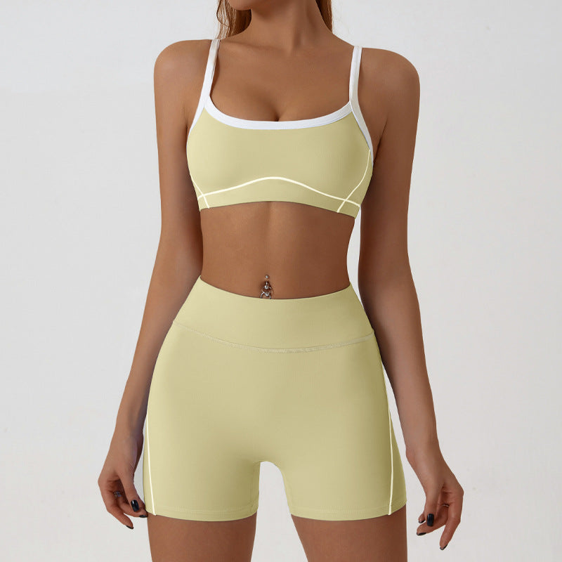 Colorway of the nylon and spandex activewear two piece with contrast line detailing