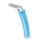 Blue car door assist handle standing upright, curved metal head above the ridged grip sleeve