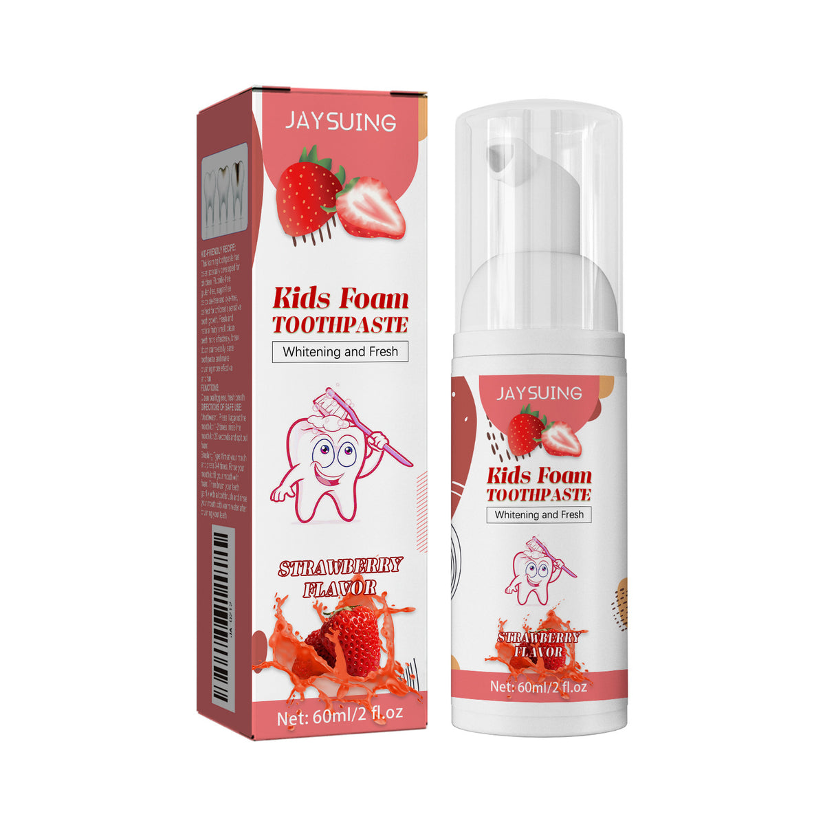 Strawberry kids foam toothpaste pump bottle beside its red retail box labelled 60 ml