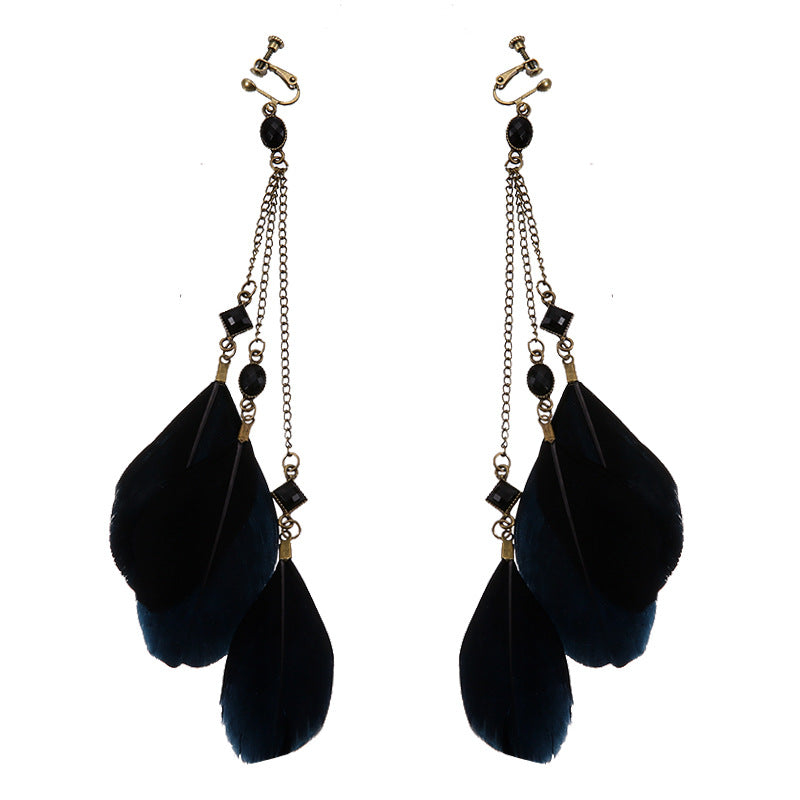Vintage boho tassel clip-on earrings for non pierced ears, zinc alloy drop pair photographed on white background