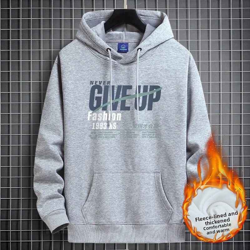 Light Gray fleece-lined hooded sweatshirt with a NEVER GIVE UP graphic and front pocket, size XL option