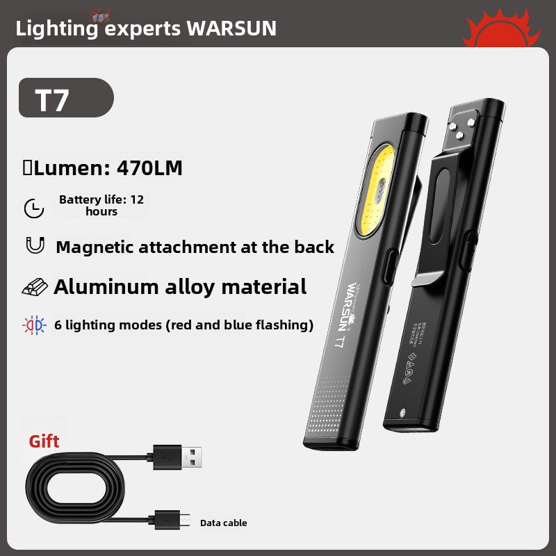 Warsun T7 Pro flashlight magnetised to a metal surface for hands-free use